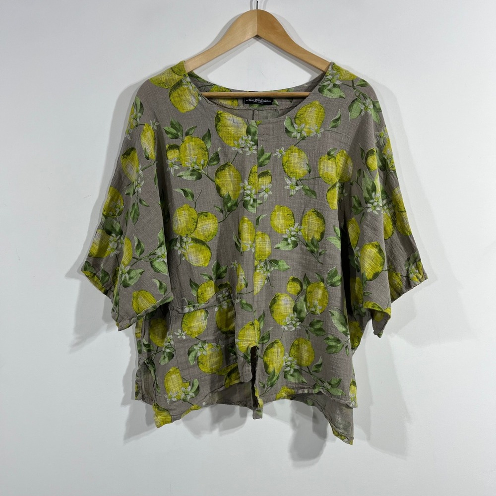 New Collection Italy Linen Cotton Lemon Fruit Print Blouse Boxy Top Size XL Boho